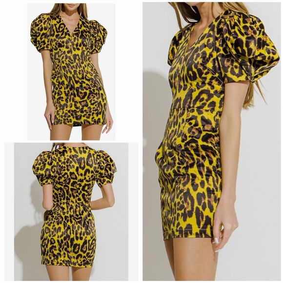 Endless Rose Dresses & Skirts - Endless Rose Leopard Print Puff Sleeve Mini Dress XS NWT V Neck Bodycon